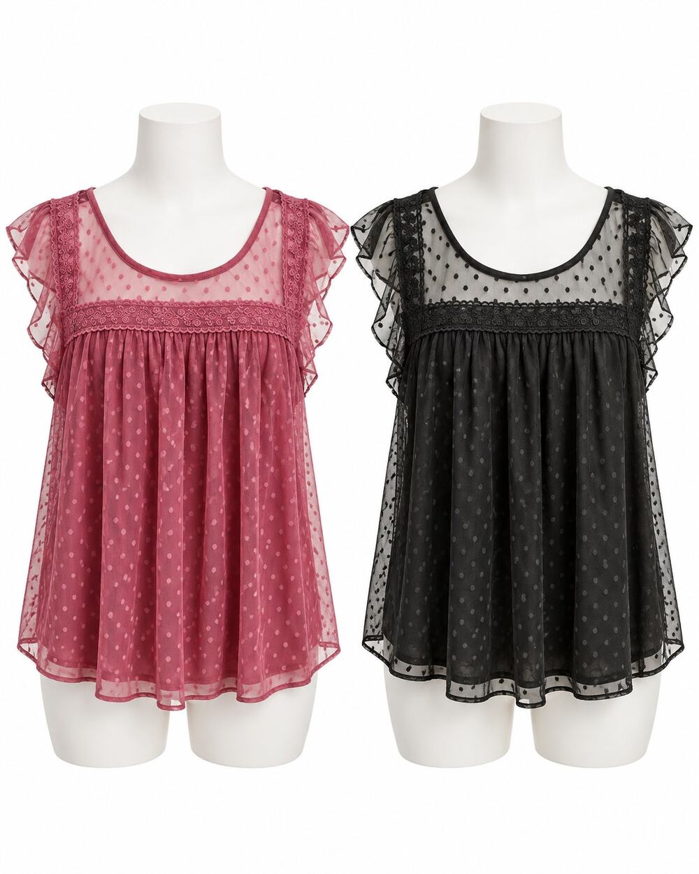 Sheer Polka Dot Lace Babydoll Tops Flutter Sleeve Romantic Lot 2 Womens XL NWT
